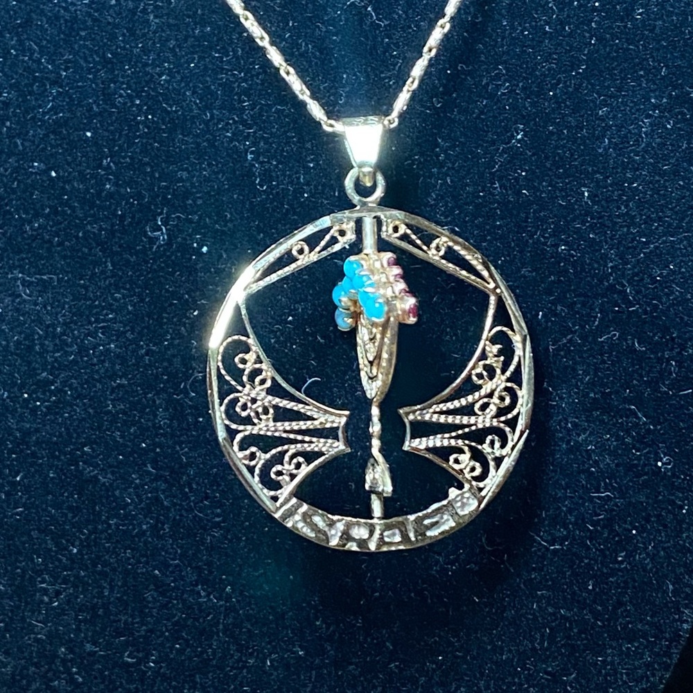 14K Shabbat Menorah Ruby Reversible to Turquoise Pendant